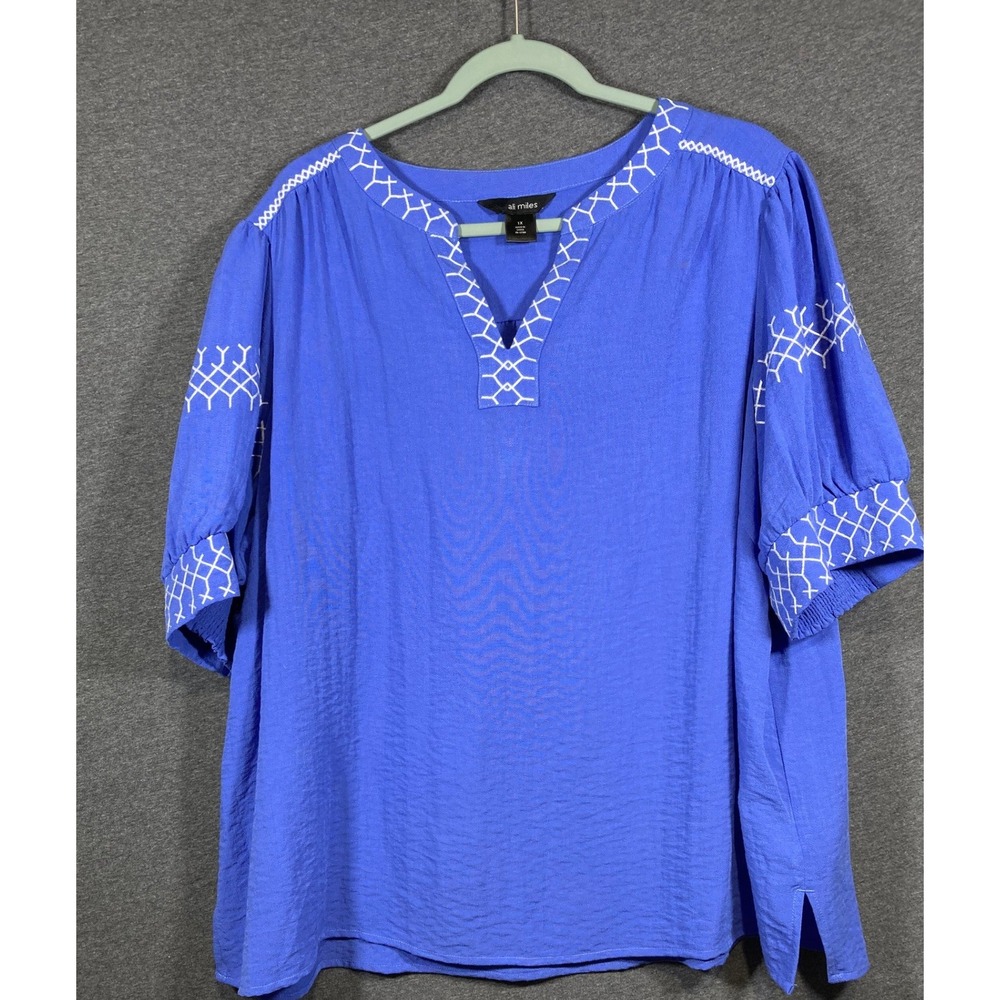 Ali‎ Miles Womens 1X Blue Embroidered Short Sleeve Split Neck Blouse Top Boho